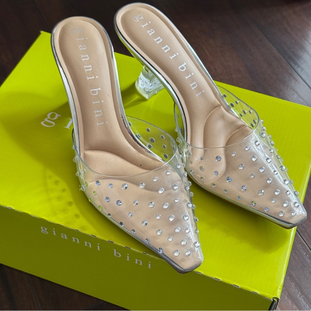 Gianni Bini AylahTwo Clear Vinyl Rhinestone Embellished Dress Mules